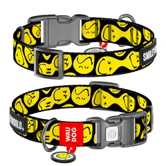 Нашийник для собак нейлоновий WAUDOG Nylon з QR-паспортом, малюнок "Смайли на чорному", пластиковий фастекс, S, Ш 15 мм, Дл 25-35 см