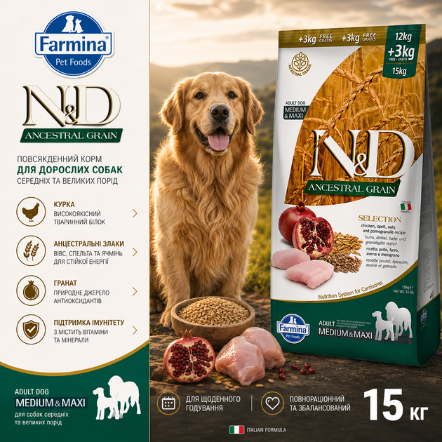 Farmina N&D Ancestral Grain Selection Dog Adult Medium & Maxi Chicken & Pomegranate