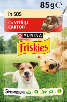 Упаковка вологого корму Purina Friskies Adult для дорослих собак шматочки у підливці з яловичиною та картоплею 85 г х 26 шт (8445290751027)