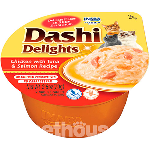Inaba Dashi Delights Ніжні пластівці курки з тунцем і лососем у шовковистому бульйоні для котів