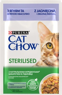 Упаковка вологого корму для дорослих стерилізованих кішок Purina Cat Chow Sterilised з ягням і зеленою квасолею 85 г х 26 шт.