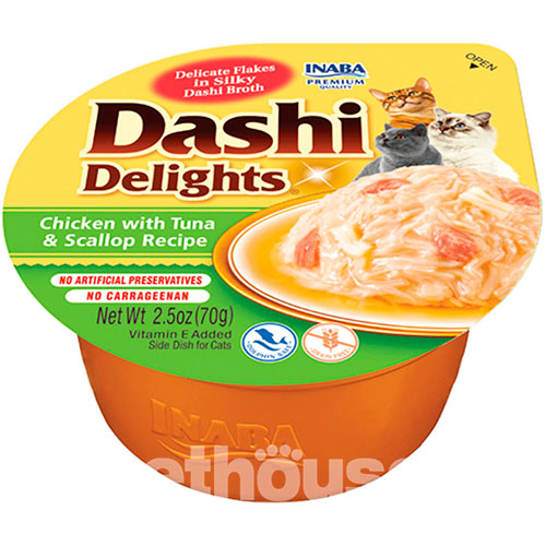 Inaba Dashi Delights Ніжні пластівці курки з тунцем і морським гребінцем у шовковистому бульйоні для котів