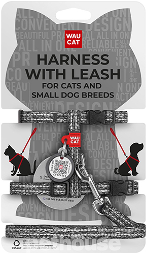 WauCat Re-cotton Шлея із відновленої бавовни з QR-паспортом для котів і собак, сіра