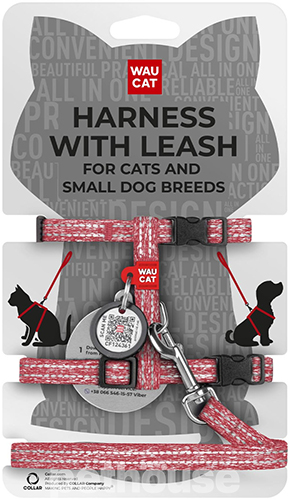 WauCat Re-cotton Шлея із відновленої бавовни з QR-паспортом для котів і собак, червона