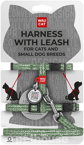WauCat Re-cotton Шлея із відновленої бавовни з QR-паспортом для котів і собак, салатова