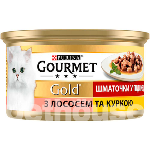 Gourmet Вологий корм (шматочки в соусі) з курка риба лосось для дорослих котів