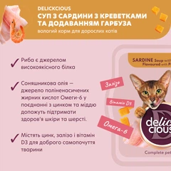 Упаковка вологого корму для дорослих котів Delickcious суп з сардинами креветкою та гарбузом 80 г x 12 шт (D6251303)