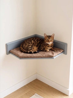 Настінна кутова лежанка-поличка для котів Sweet Pet "М'який Куточок" з велюровою подушкою, сіра