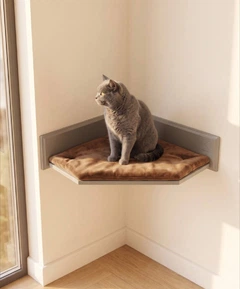 Настінна кутова лежанка-поличка для котів Sweet Pet "М'який Куточок" з велюровою подушкою, сіра