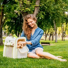 Рюкзак-переноска для котів і дрібних порід собак WAUDOG Relax Eco, біло-лаймовий, 42×34×27 см, сітчасті вікна, жорстка форма, до 8 кг — арт. 9986