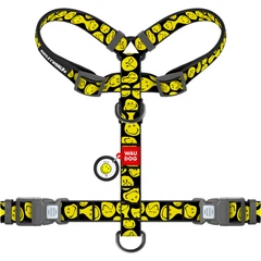 Шлея для собак анатомічна Н-подібна WAUDOG Nylon з QR паспортом, малюнок "Смайли на чорному", з двома фастексами, розмір XL