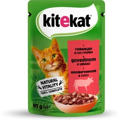 Упаковка вологого корму для котів Kitekat з яловичиною у соусі 28 шт по 85 г (5900951308017)