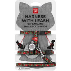 Шлея з повідцем для котів та дрібних порід собак WAUCAT Nylon з QR паспортом, малюнок "Гранати", пластиковий фастекс