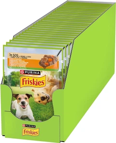 Упаковка вологого корму Purina Friskies Adult для дорослих собак шматочки у підливці з куркою та морквою 85 г х 26 шт (8445290751058)