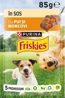 Упаковка вологого корму Purina Friskies Adult для дорослих собак шматочки у підливці з куркою та морквою 85 г х 26 шт (8445290751058)