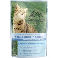 Carpathian Pet Food Вологий корм (шматочки в соусі) з качка м'ясо та м'ясні субпродукти телятина для дорослих котів
