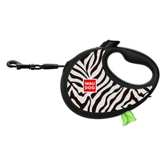 Без бренда Повідець-рулетка для собак WAUDOG R-leash з контейнером для пакетів, малюнок "Зебра", світловідбивна стрічка, M, до 20 кг, 5м