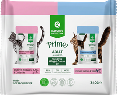 Промо Набір Упаковка вологого корму для котів Nature's Protection Prime Multiple Functions Cats Set Adult з білою рибою, анчоусами та журавлиною, а також з куркою, лососем і тунцем 85 г х 4 шт (NPPR47