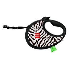 Без бренда Повідець-рулетка для собак WAUDOG R-leash з контейнером для пакетів, малюнок "Зебра", світловідбивна стрічка, M, до 20 кг, 5 м (256-0055)