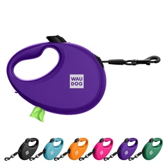 Повідець рулетка для собак та цуценят WAUDOG R-leash S стрічковий 3 м до 12 кг фіолетовий зі світловідбиваючою стрічкою та контейнером боксом для прибирання сміттєвих пакетів пластиковий повідець для