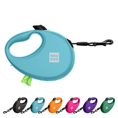 Повідець-рулетка для собак WAUDOG R-leash L стрічковий 5 м до 40 кг блакитний зі світловідбиваючою стрічкою та контейнером боксом для прибирання сміттєвих пакетів пластиковий повідець для великих та с