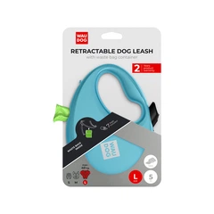 Повідець-рулетка для собак WAUDOG R-leash L стрічковий 5 м до 40 кг блакитний зі світловідбиваючою стрічкою та контейнером боксом для прибирання сміттєвих пакетів пластиковий повідець для великих та с