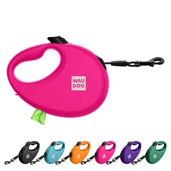 Повідець-рулетка для собак WAUDOG R-leash L стрічковий 5 м до 40 кг рожевий зі світловідбиваючою стрічкою та контейнером боксом для прибирання сміттєвих пакетів пластиковий повідець для великих та сер