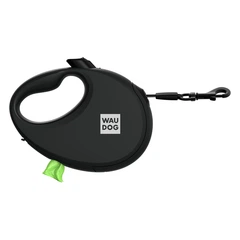Повідець рулетка для собак WAUDOG R-leash L стрічковий 5 м до 40 кг чорний зі світловідбиваючою стрічкою та контейнером боксом для прибирання сміттєвих пакетів пластиковий повідець для великих та сере