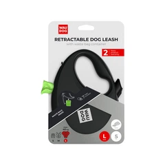 Повідець рулетка для собак WAUDOG R-leash L стрічковий 5 м до 40 кг чорний зі світловідбиваючою стрічкою та контейнером боксом для прибирання сміттєвих пакетів пластиковий повідець для великих та сере