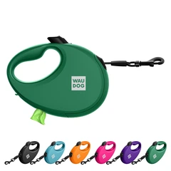 Повідець-рулетка для собак WAUDOG R-leash L стрічковий 5 м до 40 кг зелений зі світловідбиваючою стрічкою та контейнером боксом для прибирання сміттєвих пакетів пластиковий повідець для великих та сер