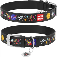Шкіряний нашийник для собак WAUDOG Design з малюнком "NASA", металева пряжка Чорний 20-28 см 12 мм (0013-0047-01)