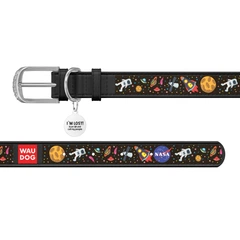 Шкіряний нашийник для собак WAUDOG Design з малюнком "NASA", металева пряжка Чорний 20-28 см 12 мм (0013-0047-01)