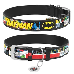 Нашийник для дрібних собак та цуценят шкіряний WAUDOG Design Batman 1 чорний з QR паспортом дизайнерський металевою фурнітурою довжина 18–24 см ширина 12 мм розмір XXS арт. 0012-1003-01