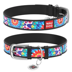 Нашийник для собак середніх порід шкіряний WAUDOG Design Квіти чорний L, довжина 38–49 см, ширина 25 мм, з металевою пряжкою та QR паспортом, арт. 37881