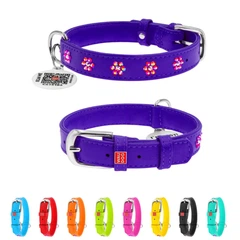 Collar Нашийник для собак шкіряний WAUDOG Glamour з QR паспортом, з клейовими стразами "Квіти", Ш 20 мм, Дов 30-39 см