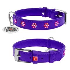 Collar Нашийник для собак шкіряний WAUDOG Glamour з QR паспортом, з клейовими стразами "Квіти", Ш 20 мм, Дов 30-39 см