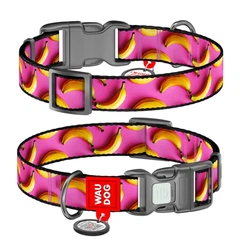 Collar Нашийник для собак нейлоновий WAUDOG Nylon з QR паспортом, малюнок "Банани на рожевому", пластиковий фастекс, М, Ш 20 мм, Дов