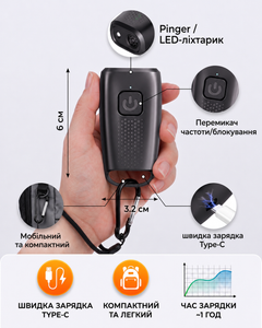 Без бренду Ультразвуковий відлякувач собак потужний професійний кишеньковий з USB Type-C портативний ручний пристрій прилад для захисту від агресивних тварин електронний брелок засіб з ліхтариком Чорний