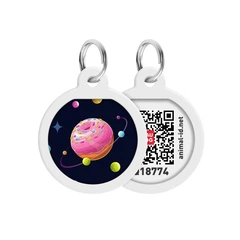 Адресник жетон на нашийник для собак і котів WAUDOG Smart ID з QR-кодом та онлайн-паспортом, металевий круглий d 25 мм (S), дизайн «Всесвіт пончиків» — арт. 0625-0218
