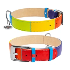 Нашийник шкіряний для собак великих порід XL WAUDOG Glamour Веселка (Rainbow) 35 мм 46–60 см з QR паспортом з прикрасами металевою фурнітурою арт. 3922