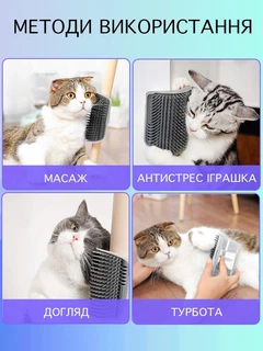 Без бренда Щітка масажна для котів та кішок кутова на стіну VMHouse чесалка пуходерка настінна на кут грумер масажер для кота фурмінатор сірий (0053-0002)