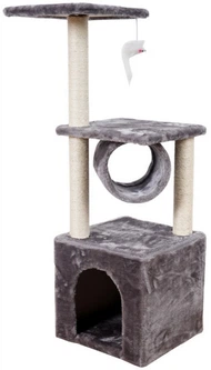 Кігтеточка для котів LEAN Toys з будиночком, тунелем і платформами 31 x 31 x 78 см Сіра (5905991033547)