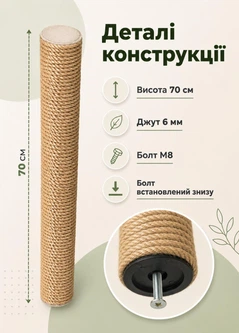 Без бренда Стовпчик запасний змінний для котячої дряпки m8 70 см 65 мм джут 6мм бежевий (60135-70-6)
