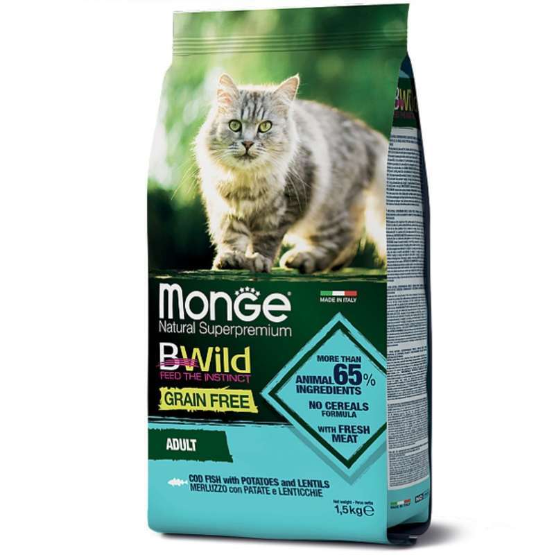 Monge BWild Grain Free Cod Fish Adult Cat - Сухий беззерновий корм з тріски, картоплі та сочевиці для дорослих кішок