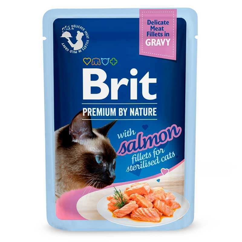 Brit Premium Вологий корм (шматочки в соусі) з м'ясо та м'ясні субпродукти лосось для котів