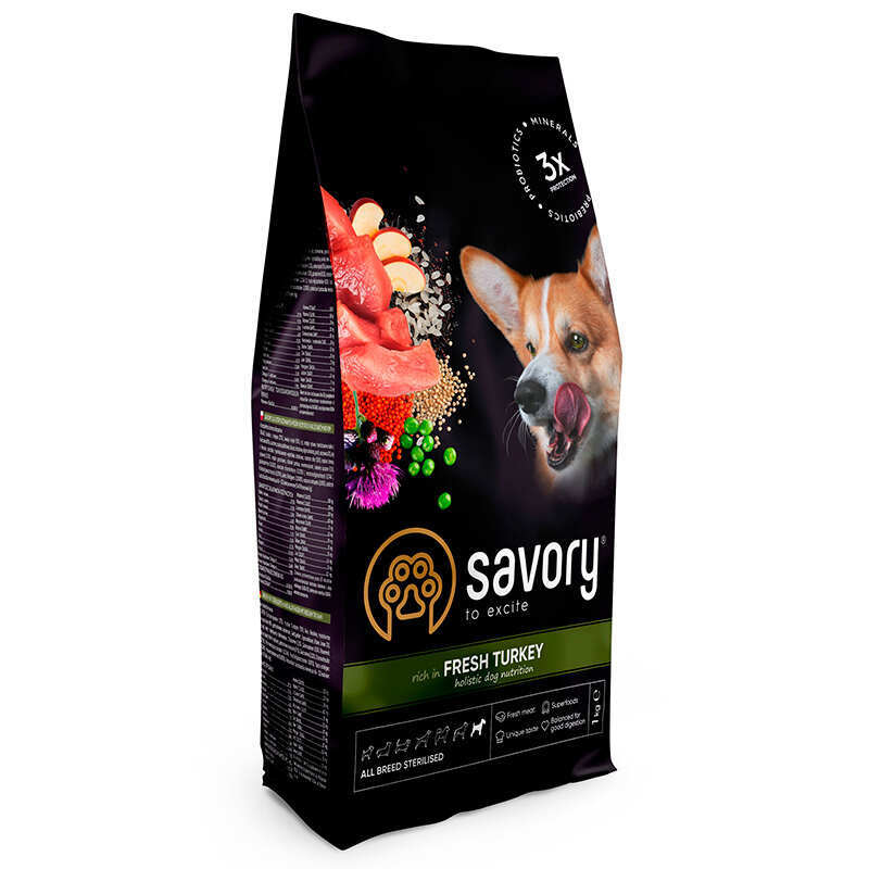 Savory All Breed Sterilised rich in Fresh Turkey - Сухой корм из свежего мяса индейки для стерилизованных собак (12 кг)
