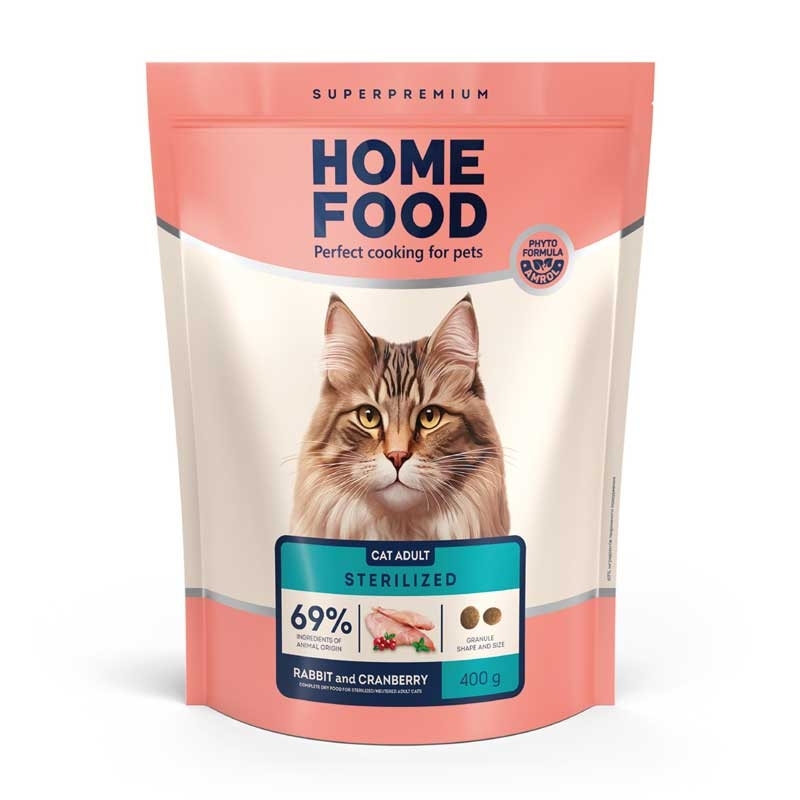 Home Food Sterilised/Neutered - Сухой корм с кроликом и клюквой для стерилизованных кошек и кастрированных котов (1,6 кг)