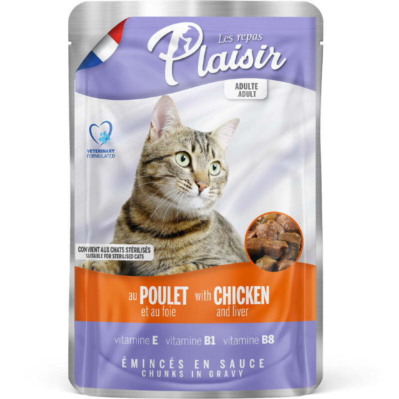 Plaisir (Плезир) Adult Sterilized Cat Chicken&amp;amp;Liver Chunks In Gravy - Полнорационный влажный корм с курицей и печенью для взрослых стерилизованных котов (кусочки в соусе) (22х100 г (box))