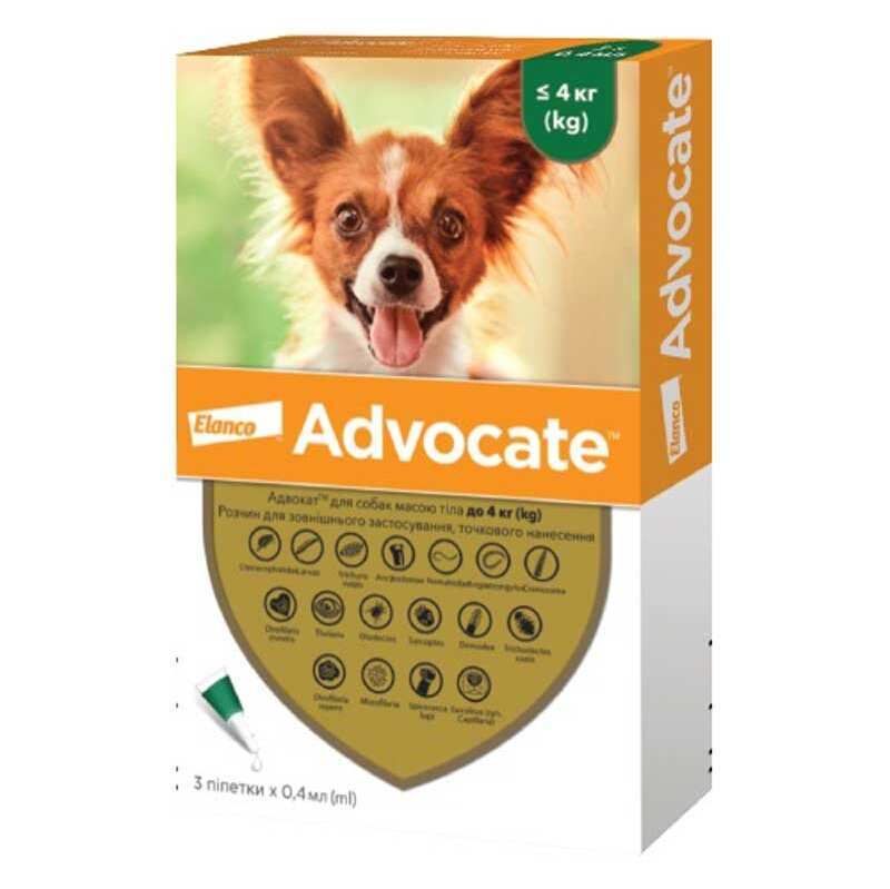 Advocate (Адвокат) by Elanco Animal - Противопаразитарные капли для собак от блох, вшей, клещей, гельминтов (1 пипетка) (&amp;lt; 4 кг Sale4!)