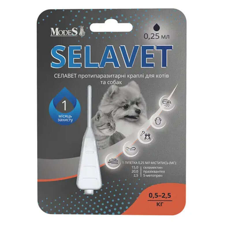 Modes Selavet - Противопаразитарные капли на затылок Selavet от блох, клещей и гельминтов для кошек и собак миниатюрных пород (1 пипетка) (0,5 кг - 2,5 кг)